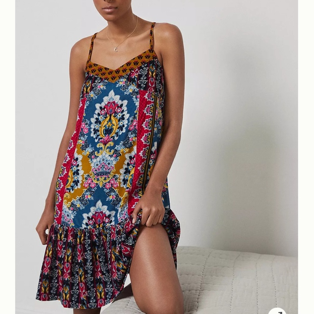 Anthropologie Boho Floral Mini Dress in Blue, Pink & Mustard